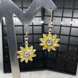 Sterling silver 925 hooks crystal glass flower earrings statement dressy dangle